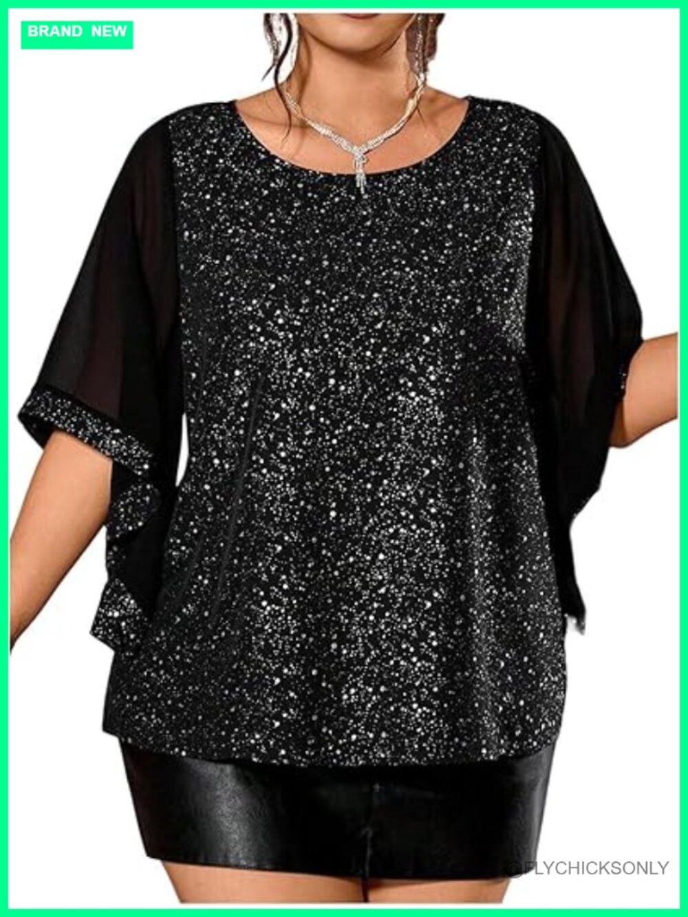 Plus Size Sparkly Bell 3/4 Sleeve Top - Loose Fit Night Out Blouse